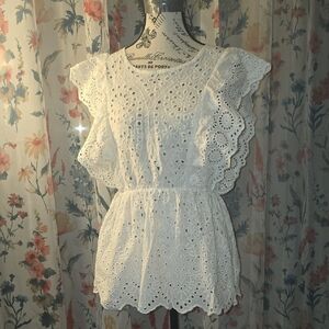 Solitaire White Eyelet Ruffle Sleeve Women's Top